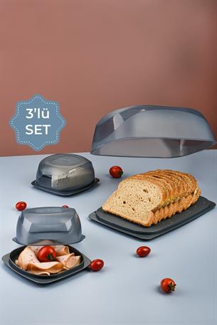 3lü Kapaklı Servis Sunum Tabağı - Ekmeklik Ve Ikram Tabağı Antrasit