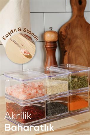 6lı Akrilik Istiflenebilir Kaşıklı Baharatlık Standlı