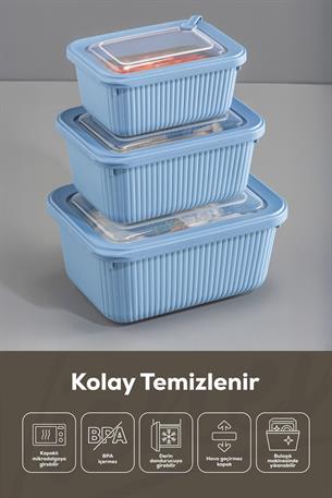 9lu Vip Dikdörtgen Mikrodalga Ve Difrize Uygun Saklama Kabı Seti Mavi 3x(1750,1050,600 ml)