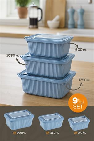 9lu Vip Dikdörtgen Mikrodalga Ve Difrize Uygun Saklama Kabı Seti Mavi 3x(1750,1050,600 ml)