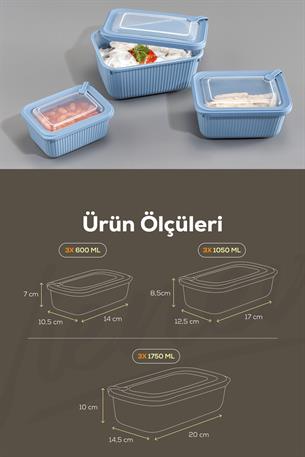 9lu Vip Dikdörtgen Mikrodalga Ve Difrize Uygun Saklama Kabı Seti Mavi 3x(1750,1050,600 ml)