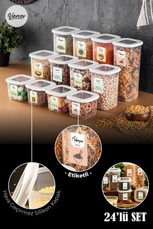 Renkli Etiketli Kare Erzak Saklama Kabı 24lü Set 8x(0,55 Litre, 1,2 Litre, 1,75 Litre) Beyaz