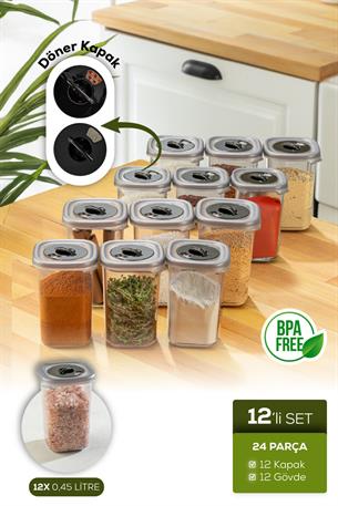Vienev 12li Döner Başlık Kapaklı Etiketli Hava Geçirmez 0,45 Lt Baharat Saklama Seti Antrasit