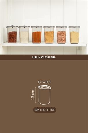 Vienev 12li Döner Başlık Kapaklı Etiketli Hava Geçirmez 0,45 Lt Baharat Saklama Seti Antrasit