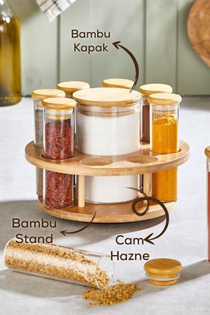 Vienev Bambu 8li Daire Cam Baharatlık Ahşap