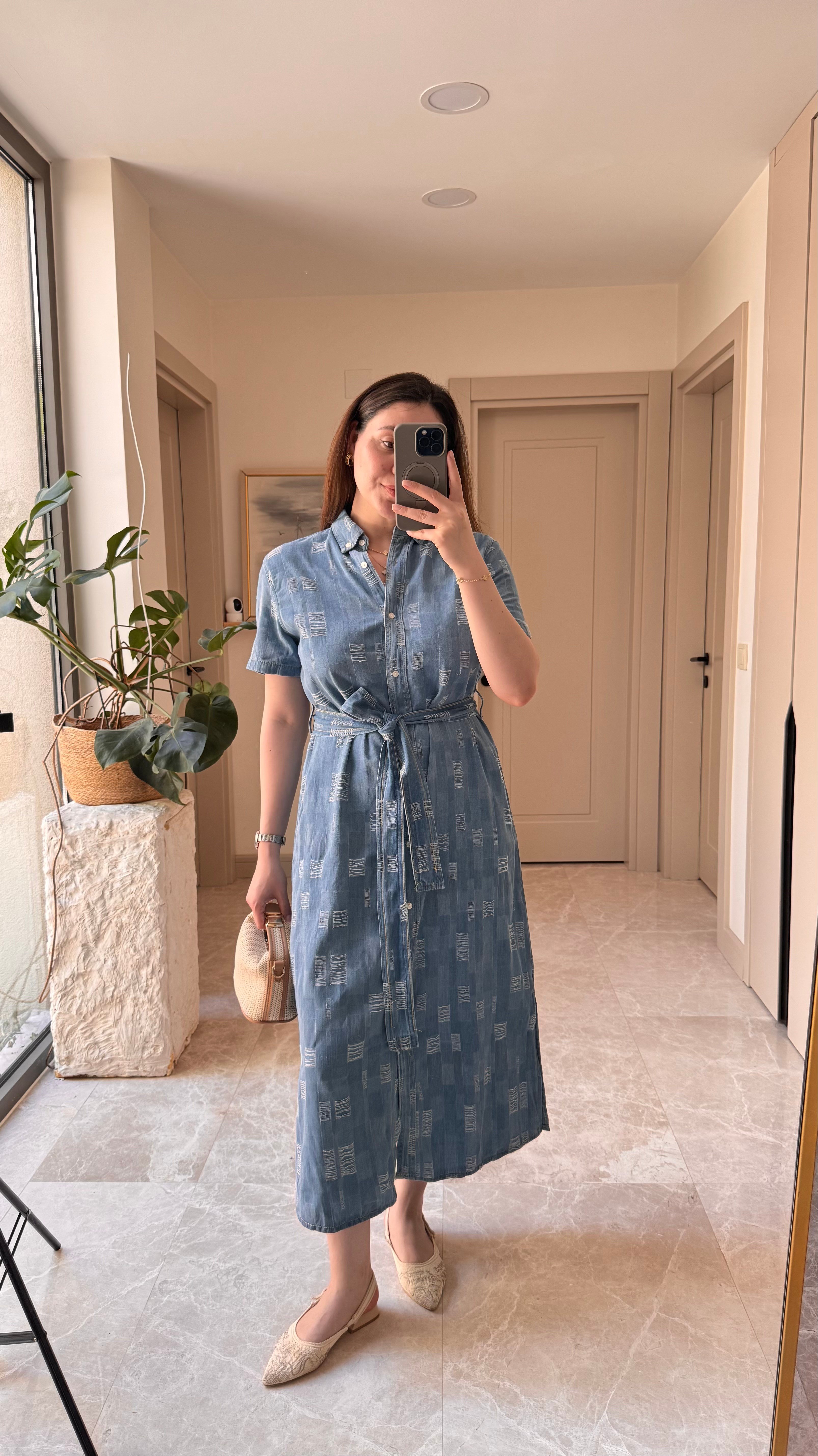 Kuşaklı Denim Tensel  Elbise-Mavi