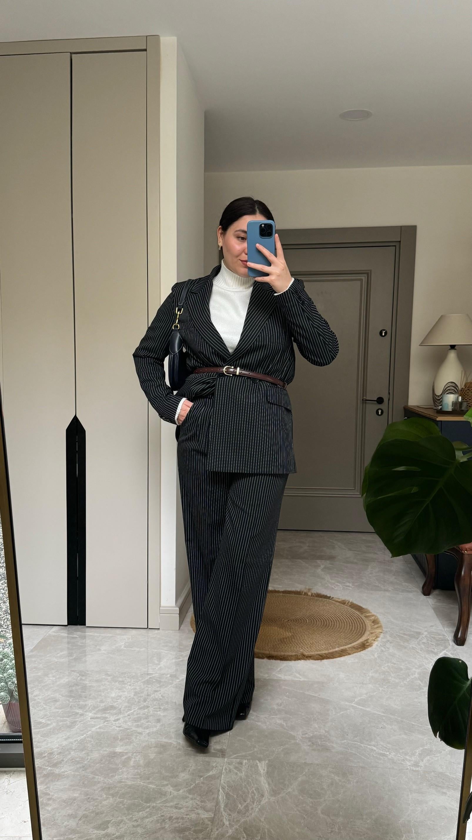 Oversize çizgili ceket pantalon takım