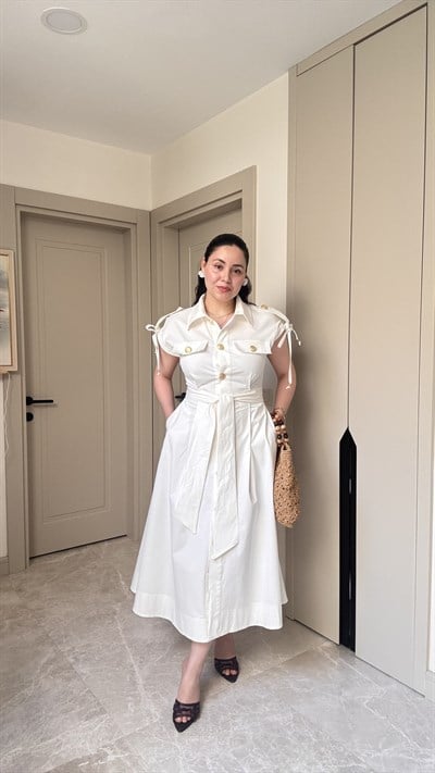 Ekru Vintage Kuşaklı Elbise