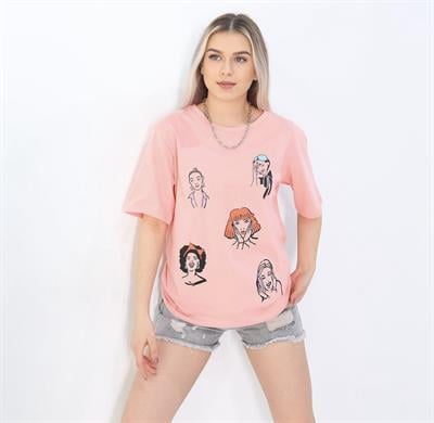 KADIN SURET BASKILI PEMBE TİŞÖRT