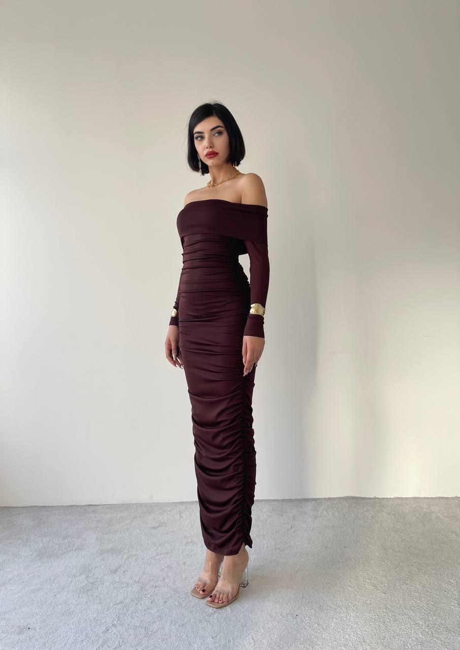 MADONNA YAKA MAXİ BOY ESNEK KUMAŞ DRAPE  ELBİSE 
