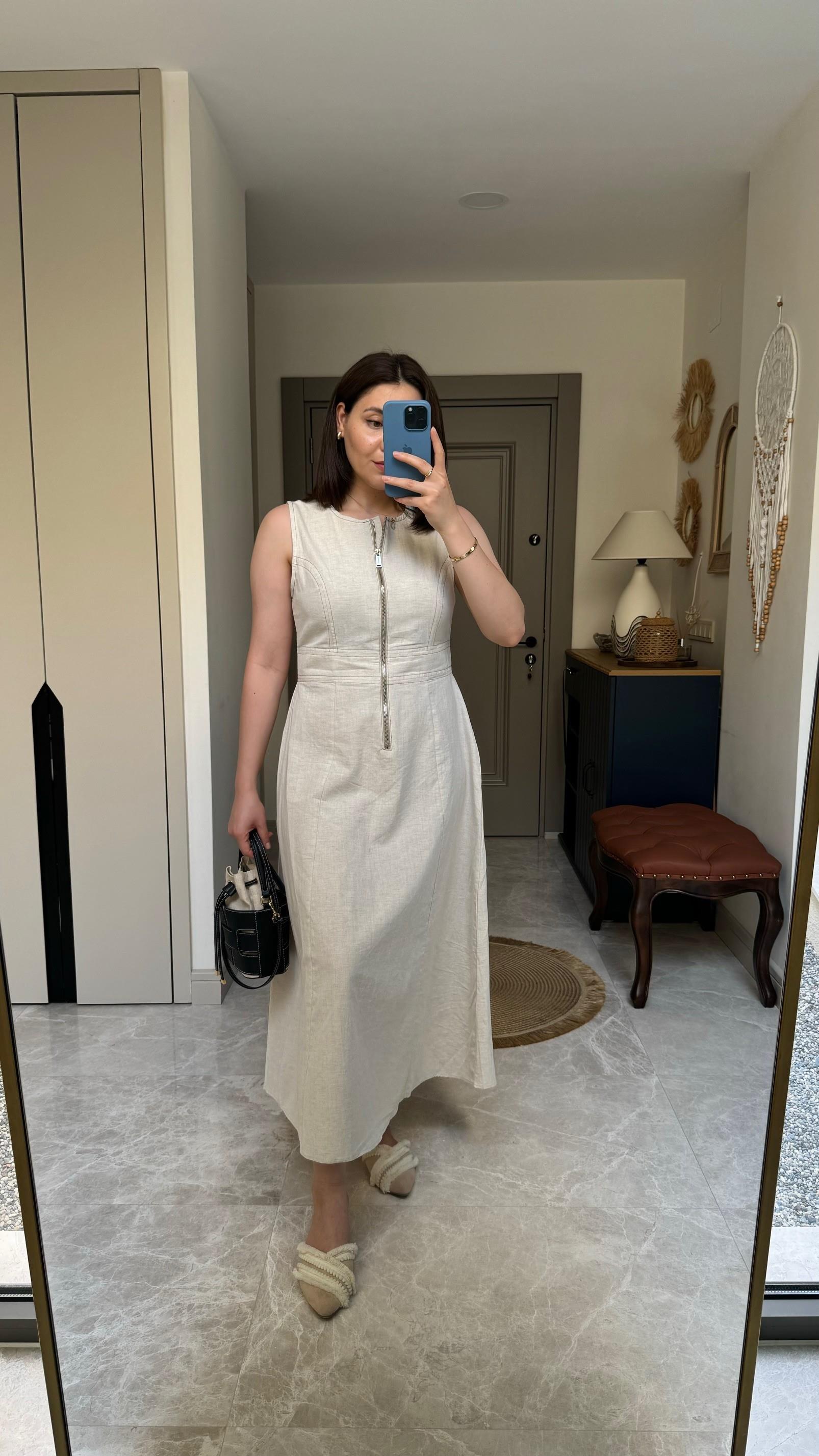 Maxi boy fermurlı keten elbise iç göstermeyen kumaş
