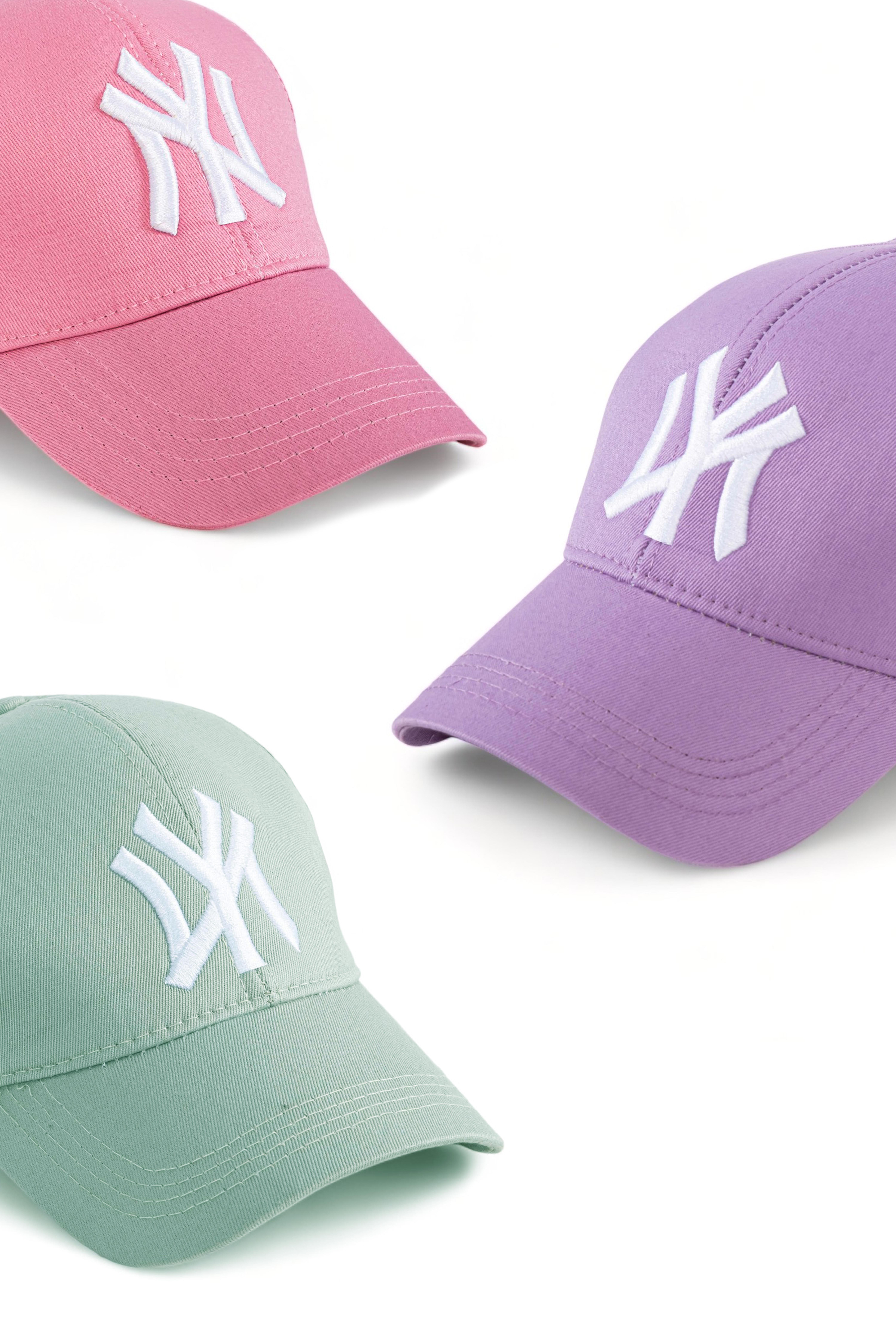 Unisex 3'lü Set Beyzbol Ny New York Şapka Mint-Lila-Pembe