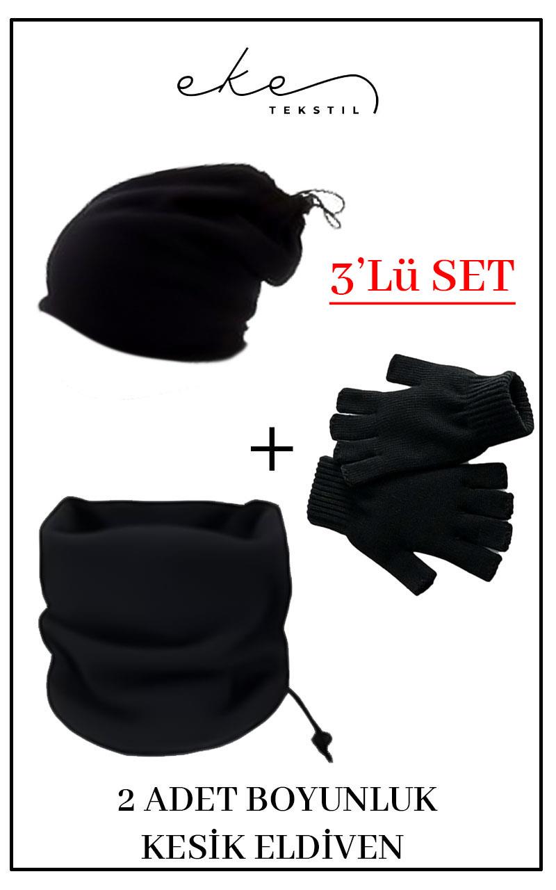 3 Lü Set Soğuk Geçirmez Termal Polar Boyunluk Bere Ve Örgü Kesik Eldiven Siyah