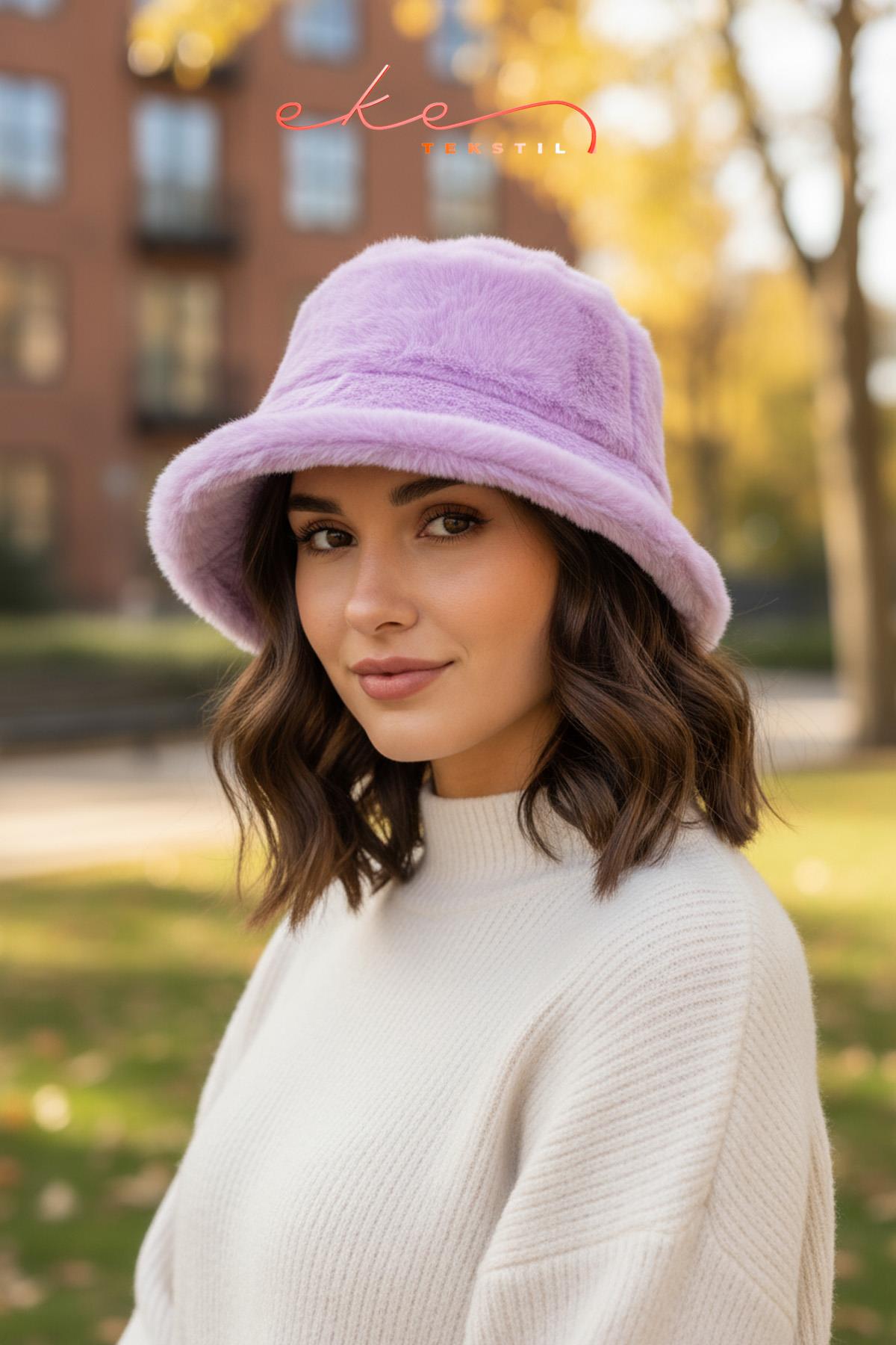 KADIN PELUŞ BUCKET LİLA RENK ŞAPKA
