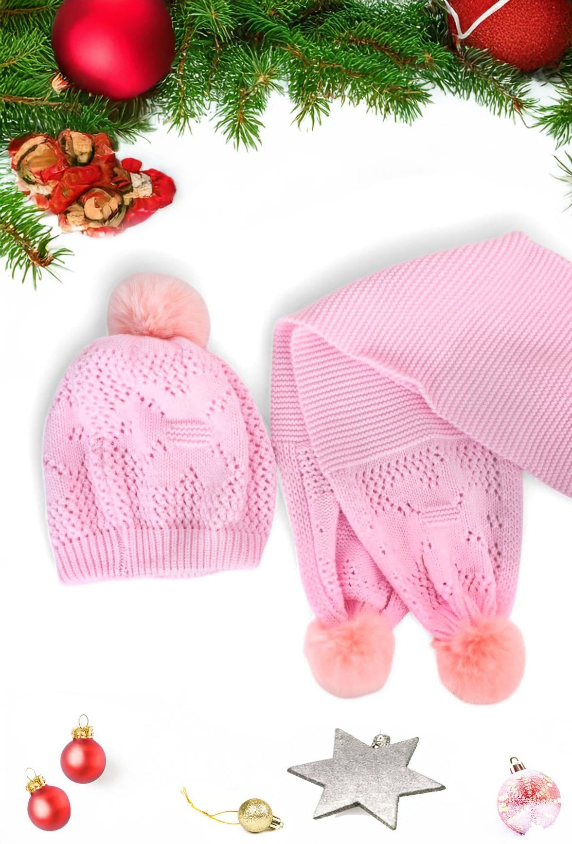 Pembe Düz Desenli Ponponlu 1-8 Yaş Çocuk Atkı ve  Bere Takımı