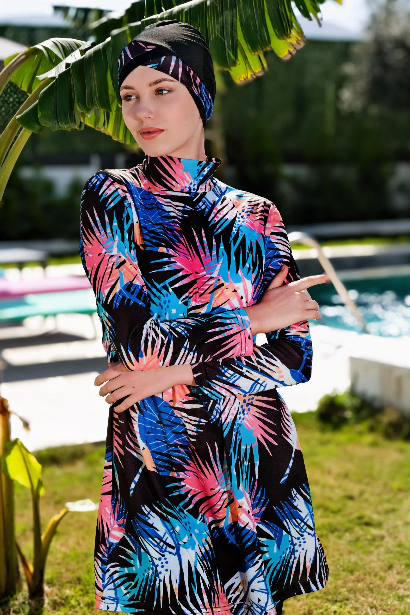 Tropikal Desenli Tam Boy Lycralı Dijital Tesettür Mayo-2411