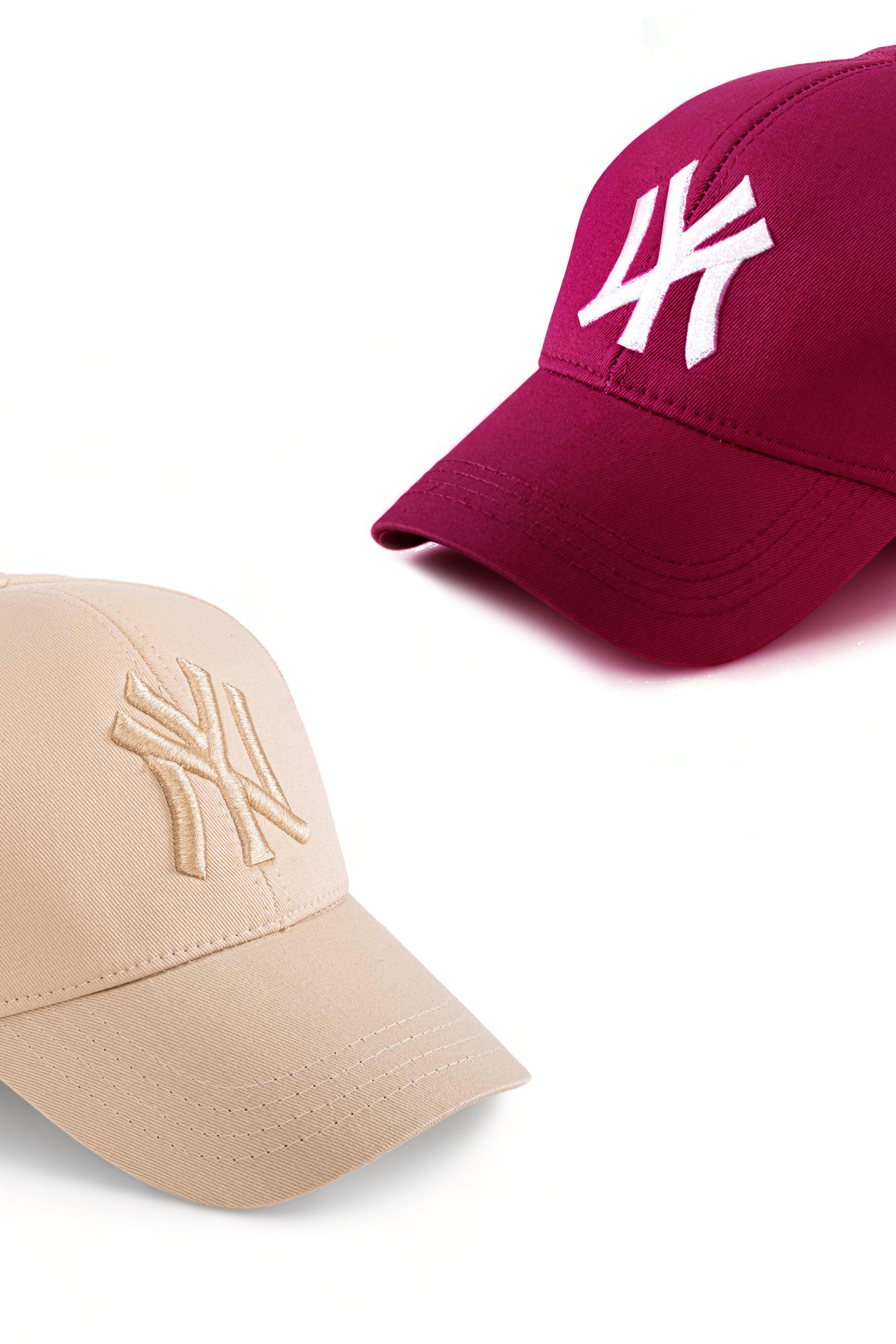 Unisex 2'li Set Bej ve Bordo Renk Ny New York Beyzbol Şapka