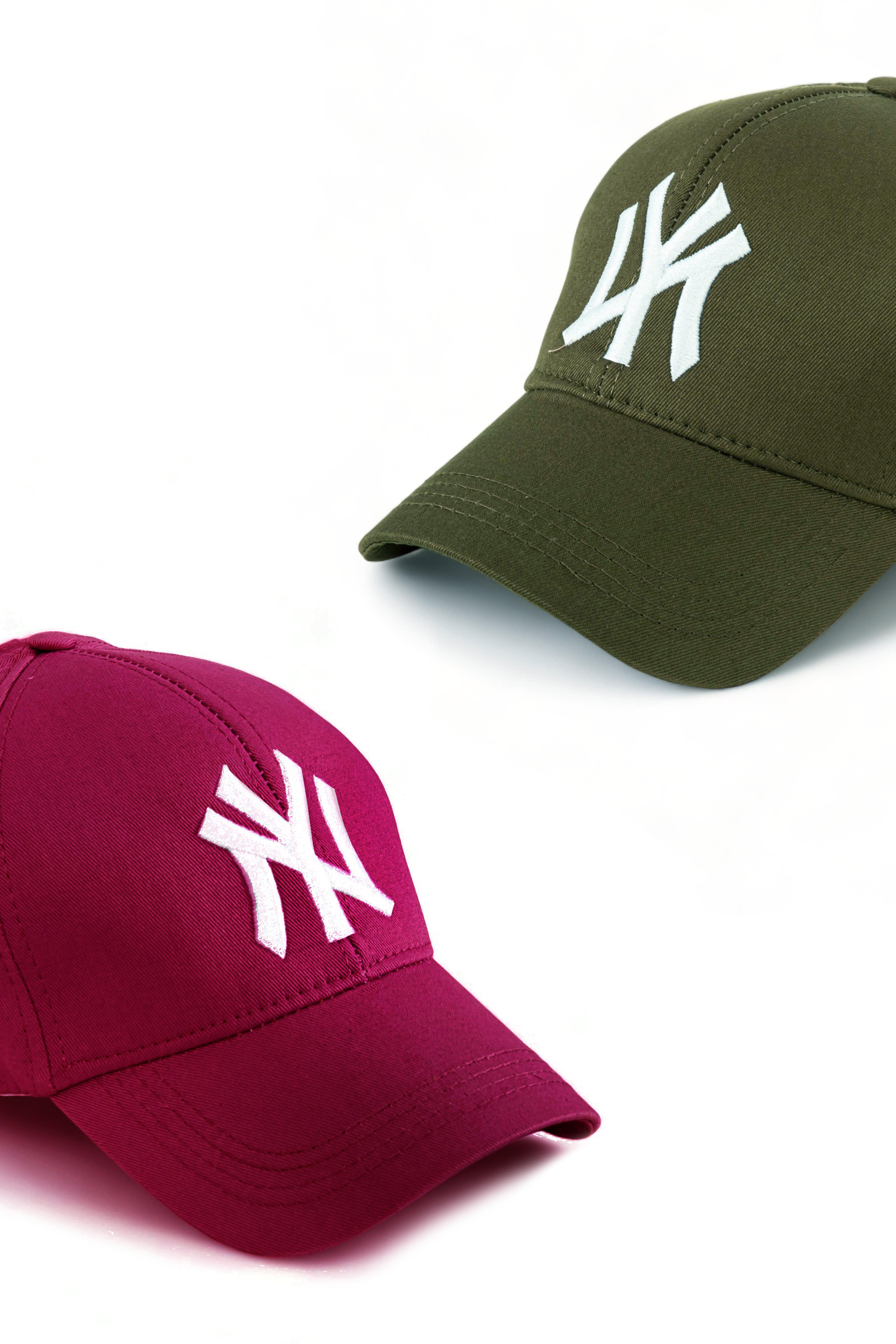 Unisex 2'li Set Bordo ve Haki Renk Ny New York Beyzbol Şapka