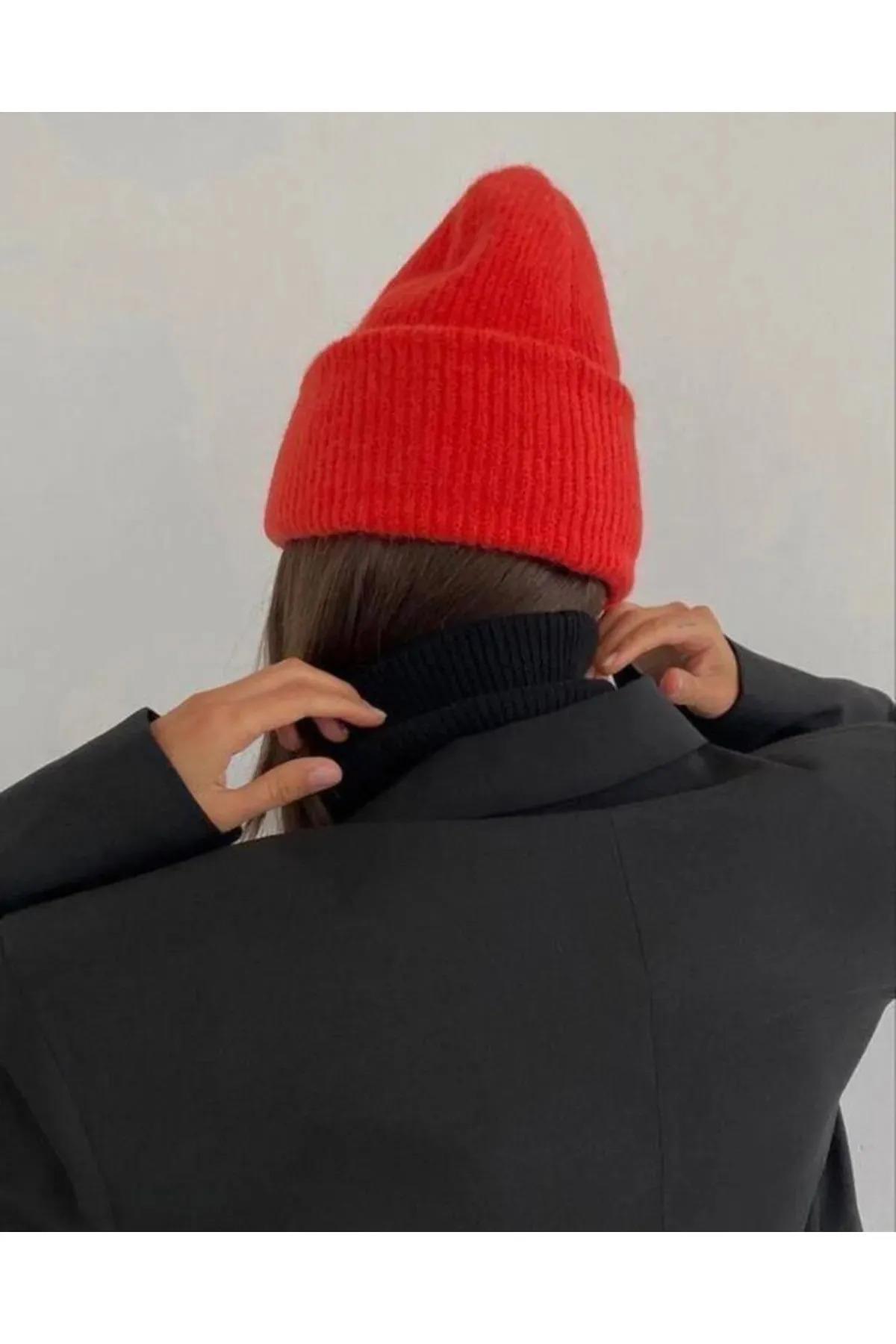 Unisex Fitilli Kırmızı Yumuşak Basic Bere