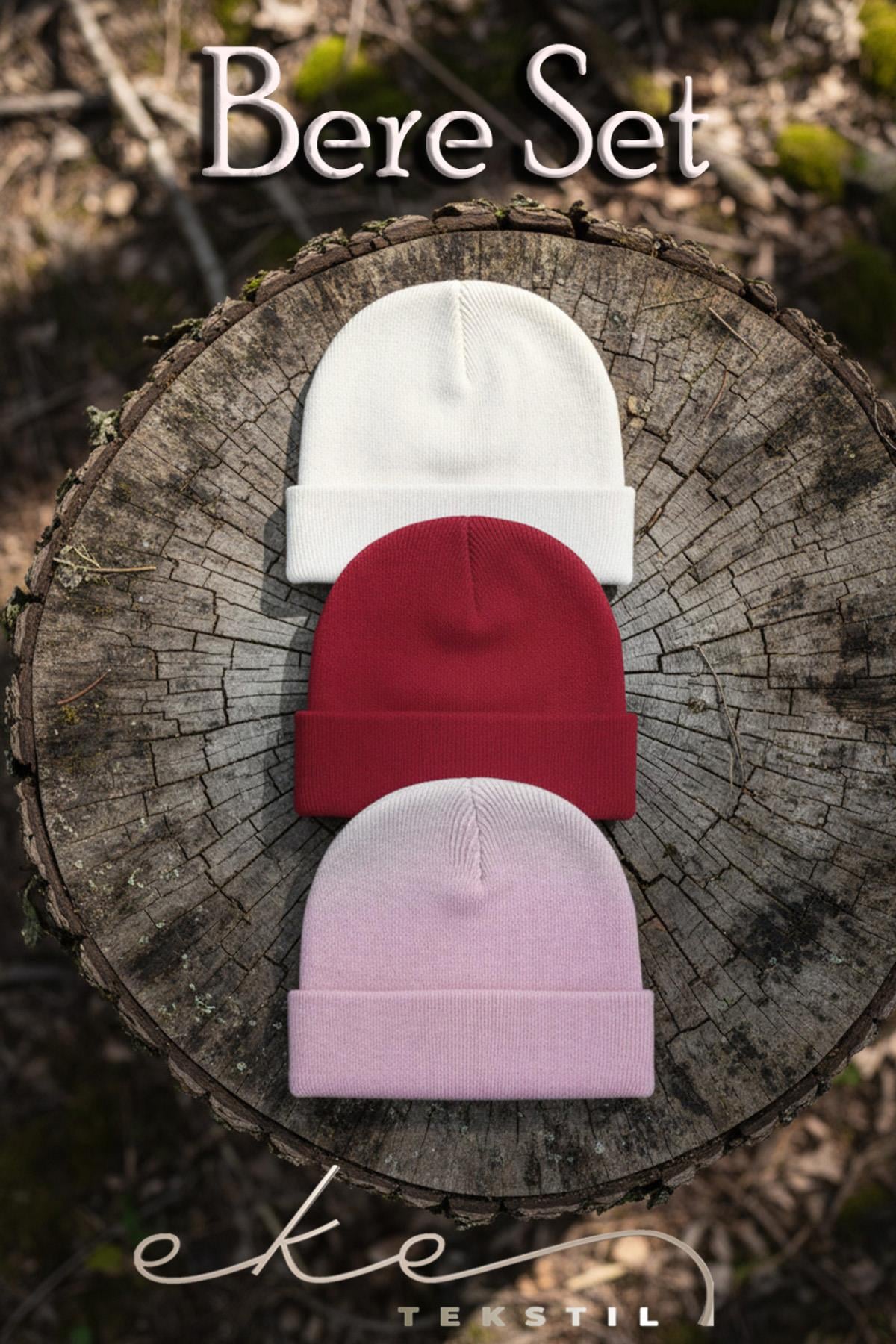 Unisex Katlamalı Kırmızı,Pembe,Beyaz 3'lü Bere Seti