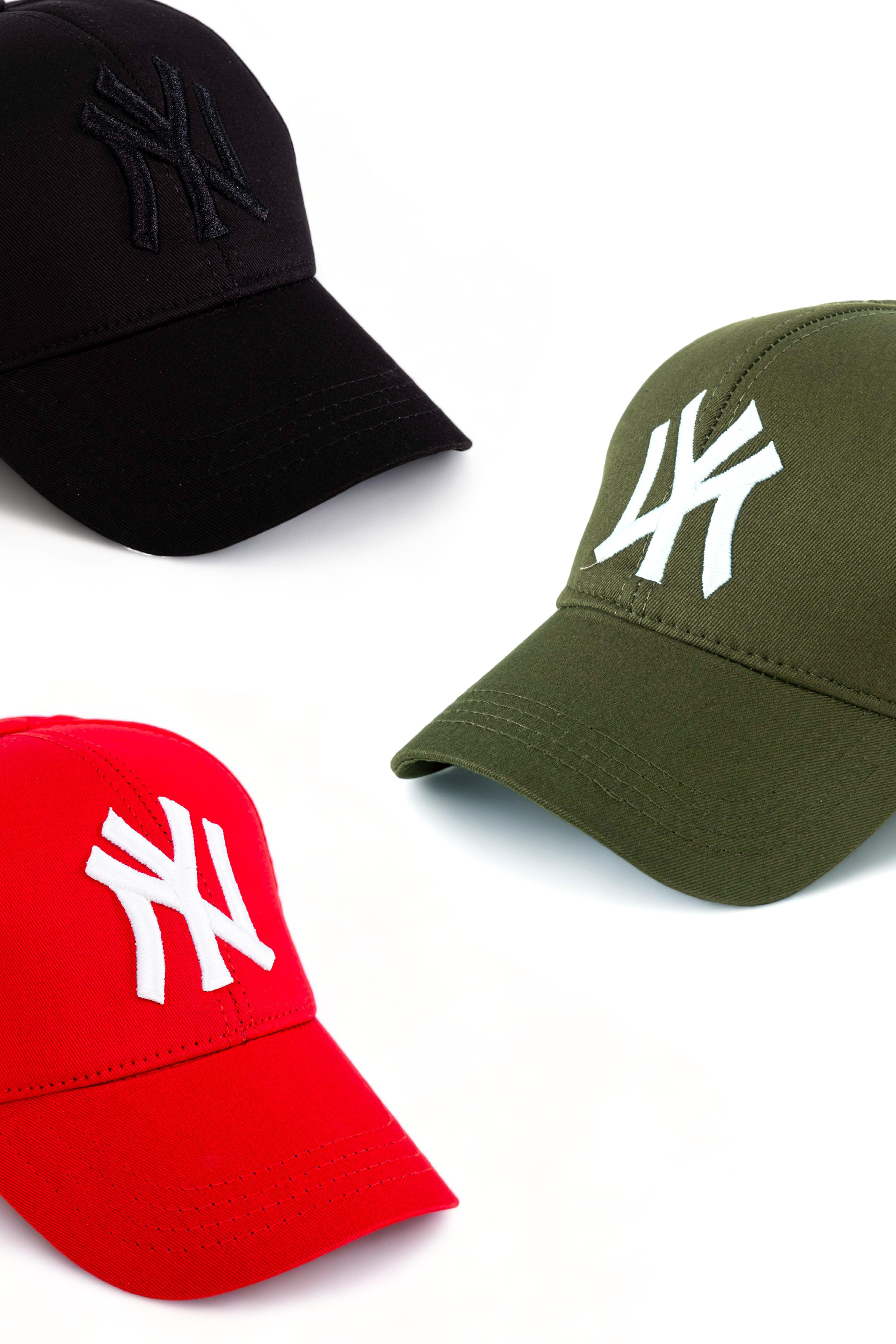  Unisex 3'lü Set Beyzbol Ny New York Şapka Kırmızı-Haki-Siyah