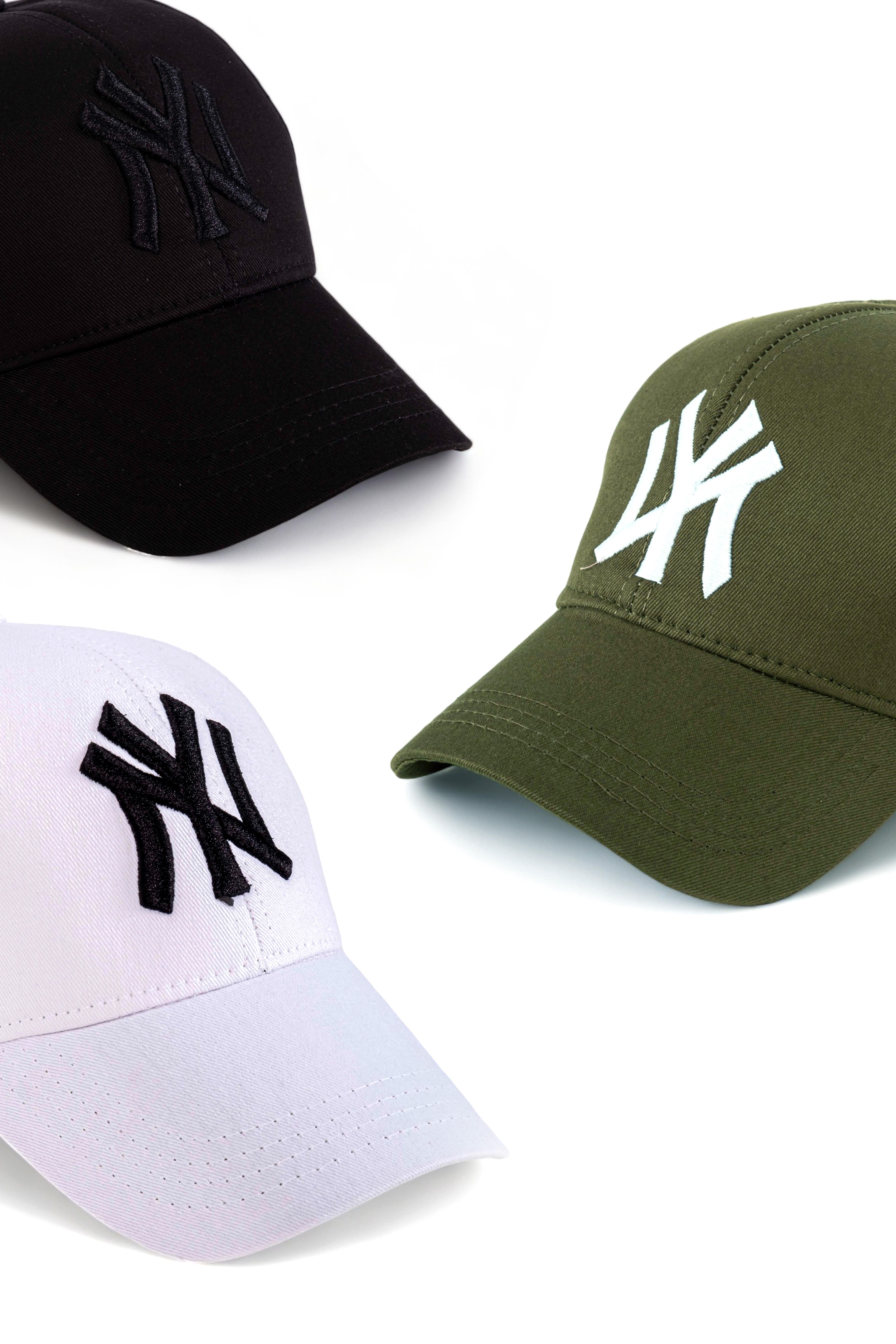  Unisex 3'lü Set Beyzbol Ny New York Şapka Beyaz-Haki-Siyah