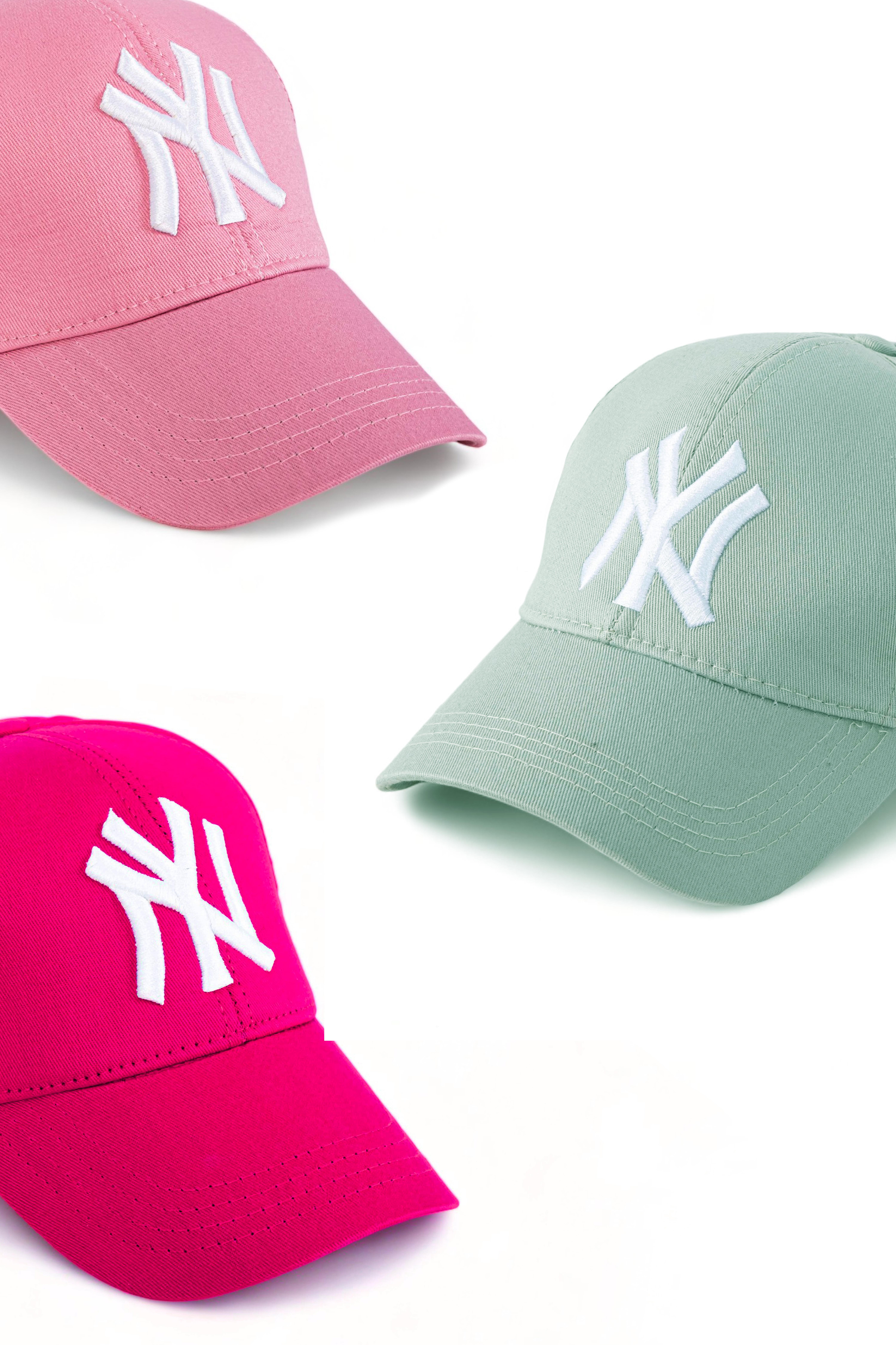  Unisex 3'lü Set Beyzbol Ny New York Şapka Fuşya-Mint-Pembe