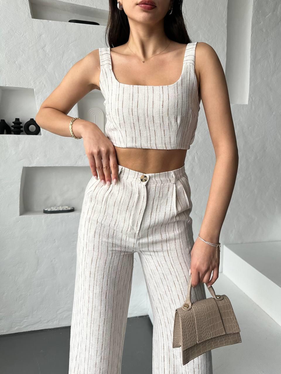 Camel Çizgili Crop Pantolon Keten Takım