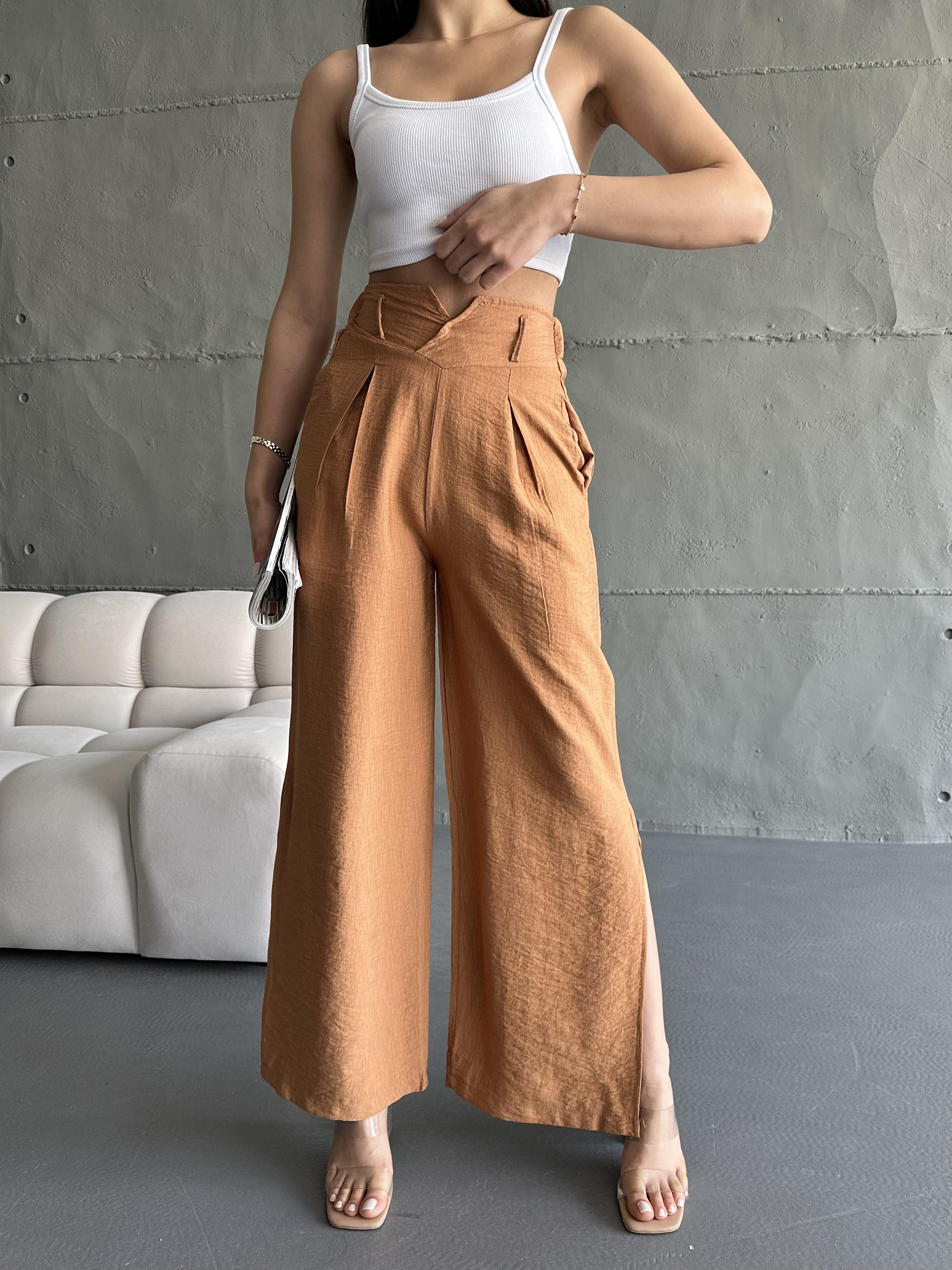 Kadın Camel Keten Paçaları Yırtmaçlı Pantolon