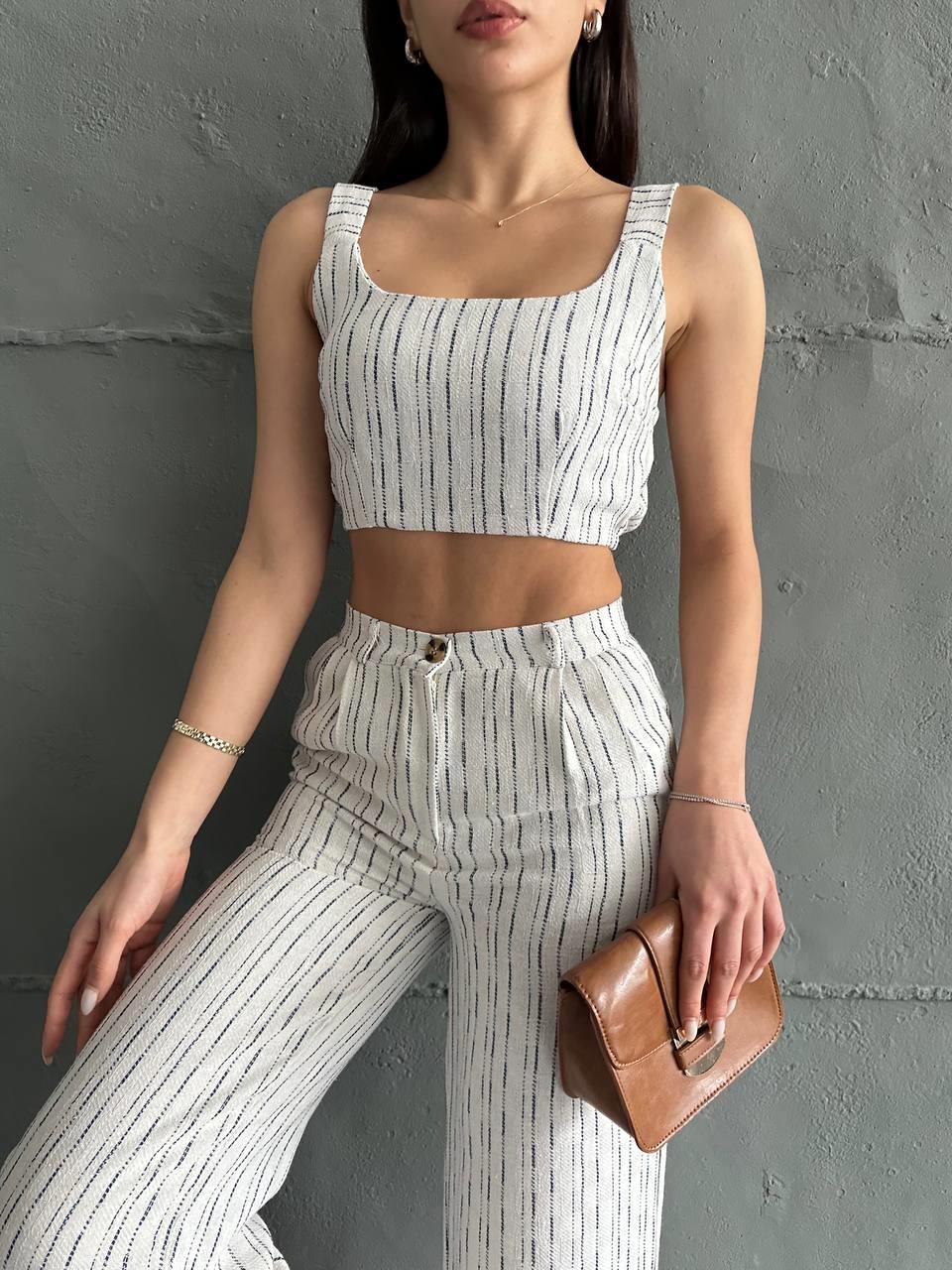 Lacivert Çizgili Crop Pantolon Keten Takım