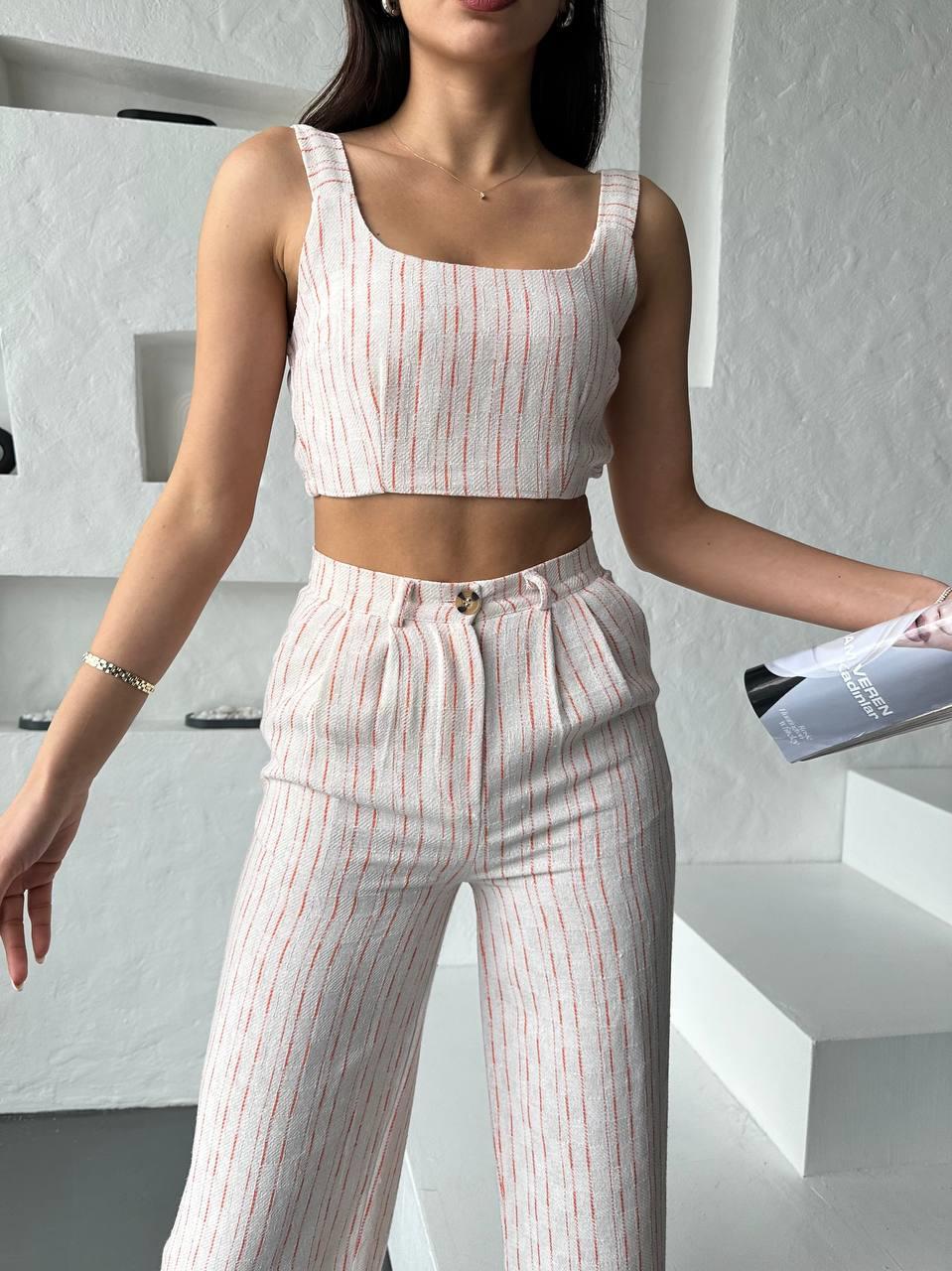 Turuncu Çizgili Crop Pantolon Keten Takım