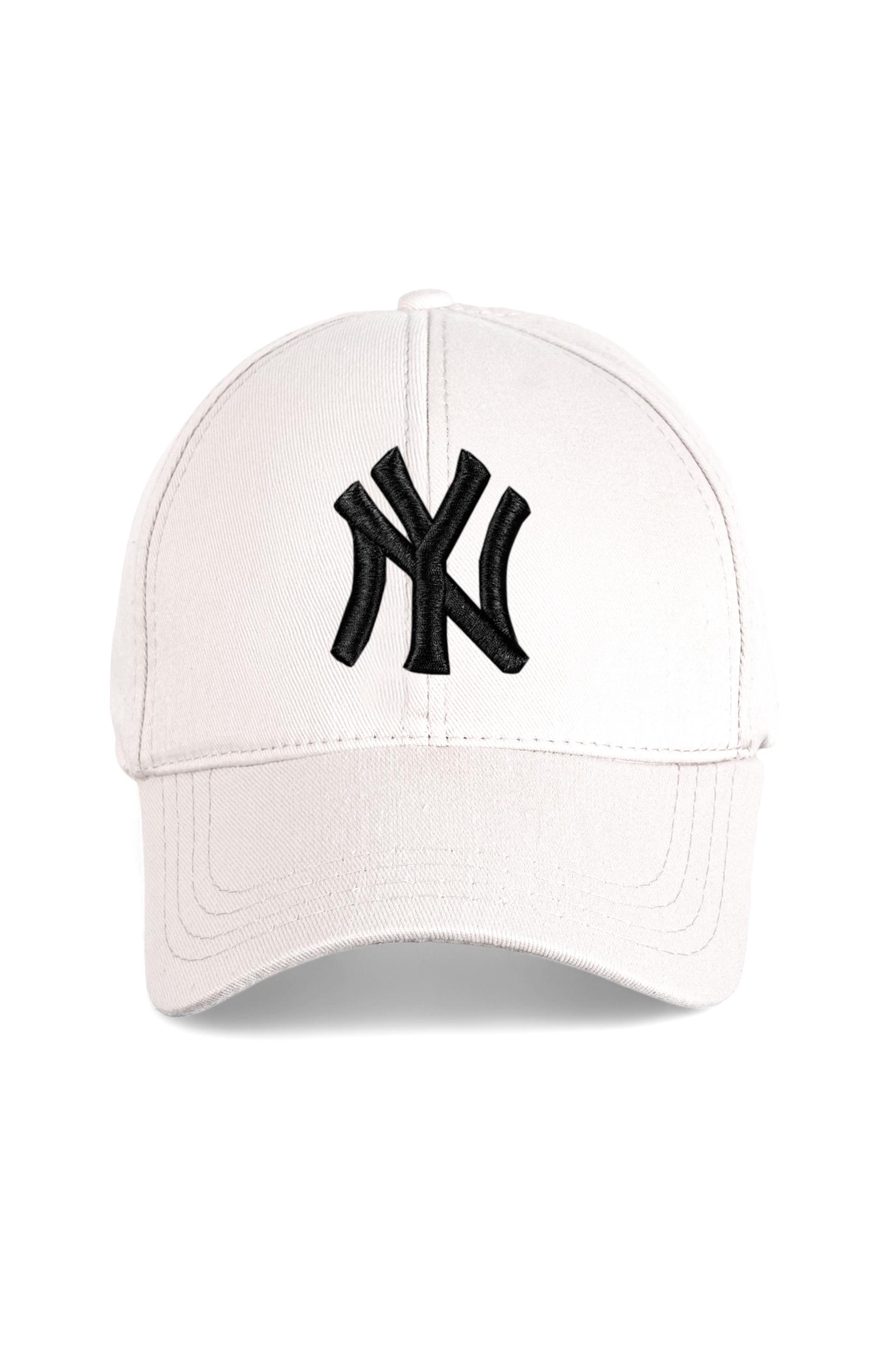 Unisex Beyaz Renk Siyah Logo Beyzbol Ny Nakışlı Şapka