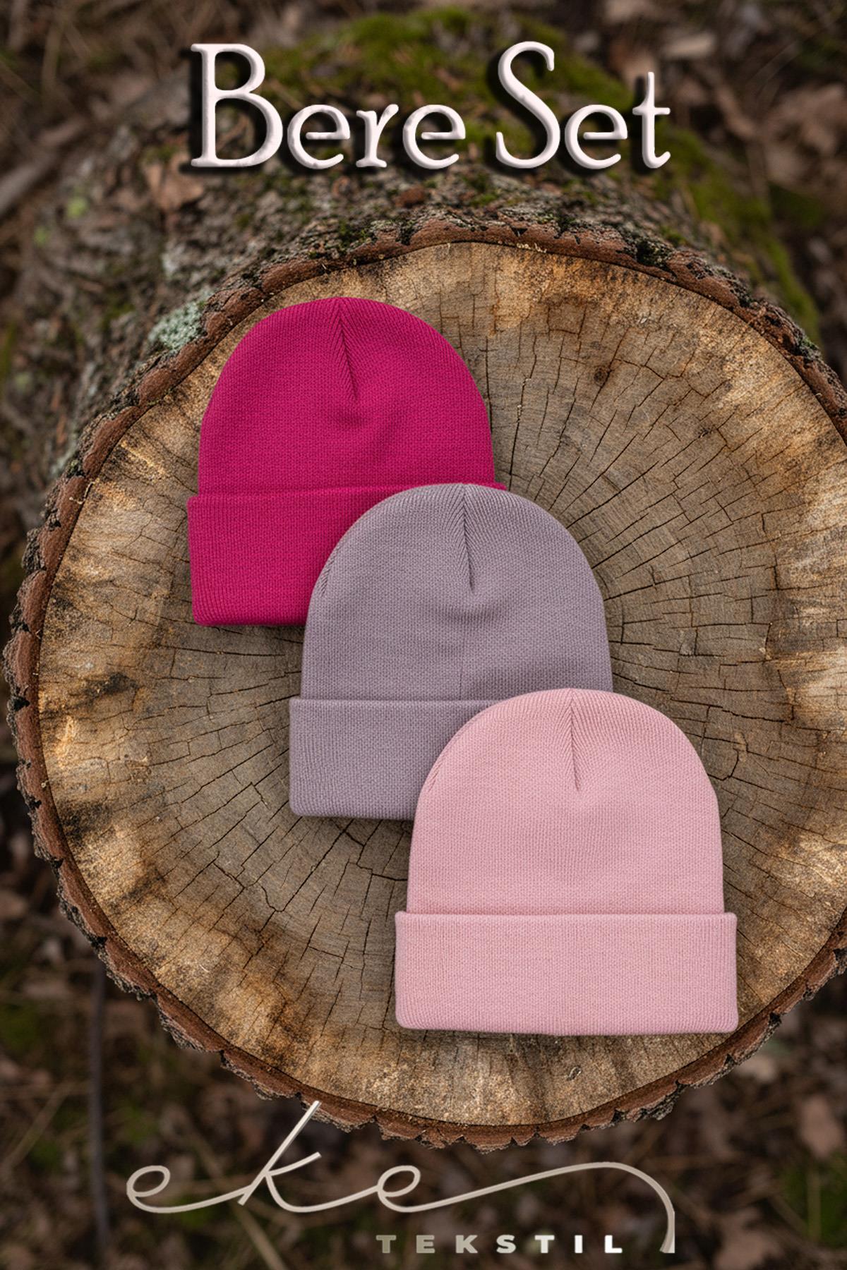Unisex Katlamalı Fuşya,lila,pembe 3'lü Bere Seti