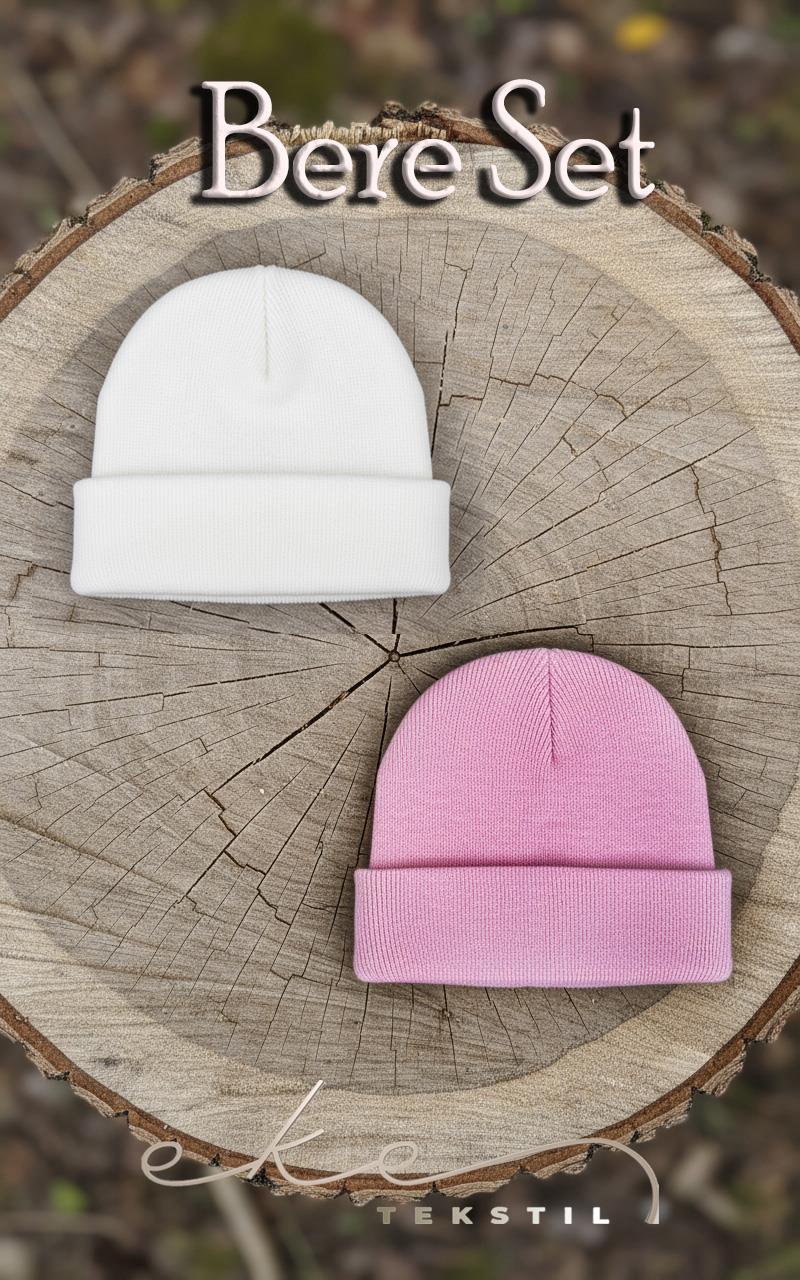 Unisex Katlamalı Pembe,Beyaz 2'Lİ Bere Seti EKEBERESETİ2LİYENİ