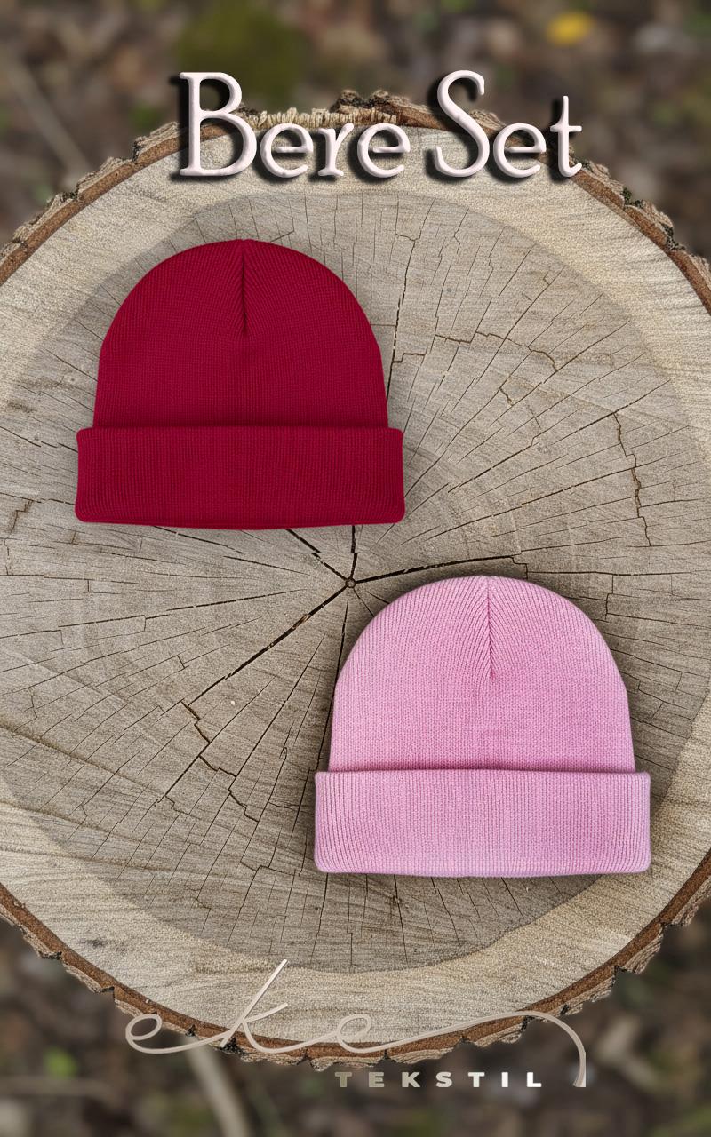 Unisex Katlamalı Pembe,Kırmızı 2'Lİ Bere Seti EKEBERESETİ2LİYENİ