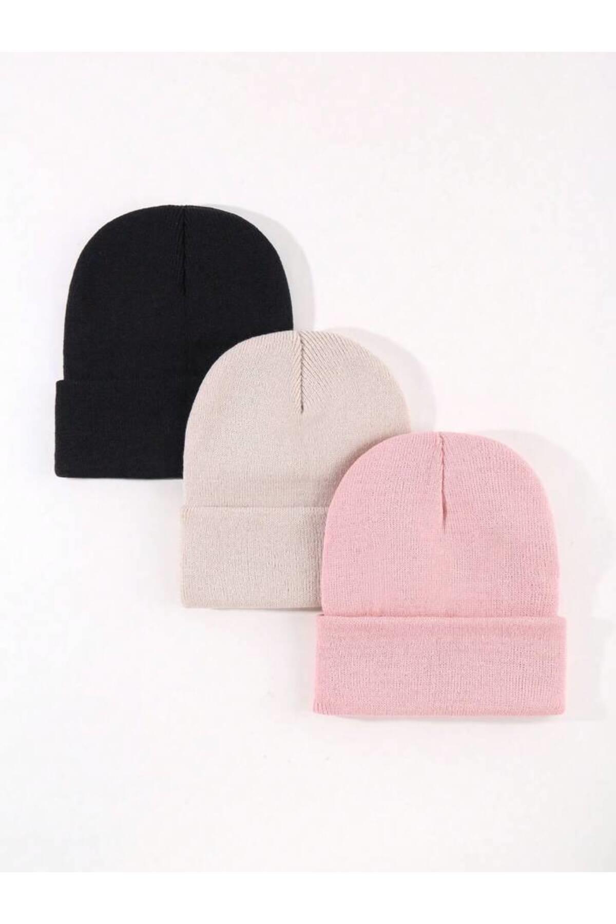 Unisex Katlamalı Siyah,taş,pembe 3'lü Bere Seti