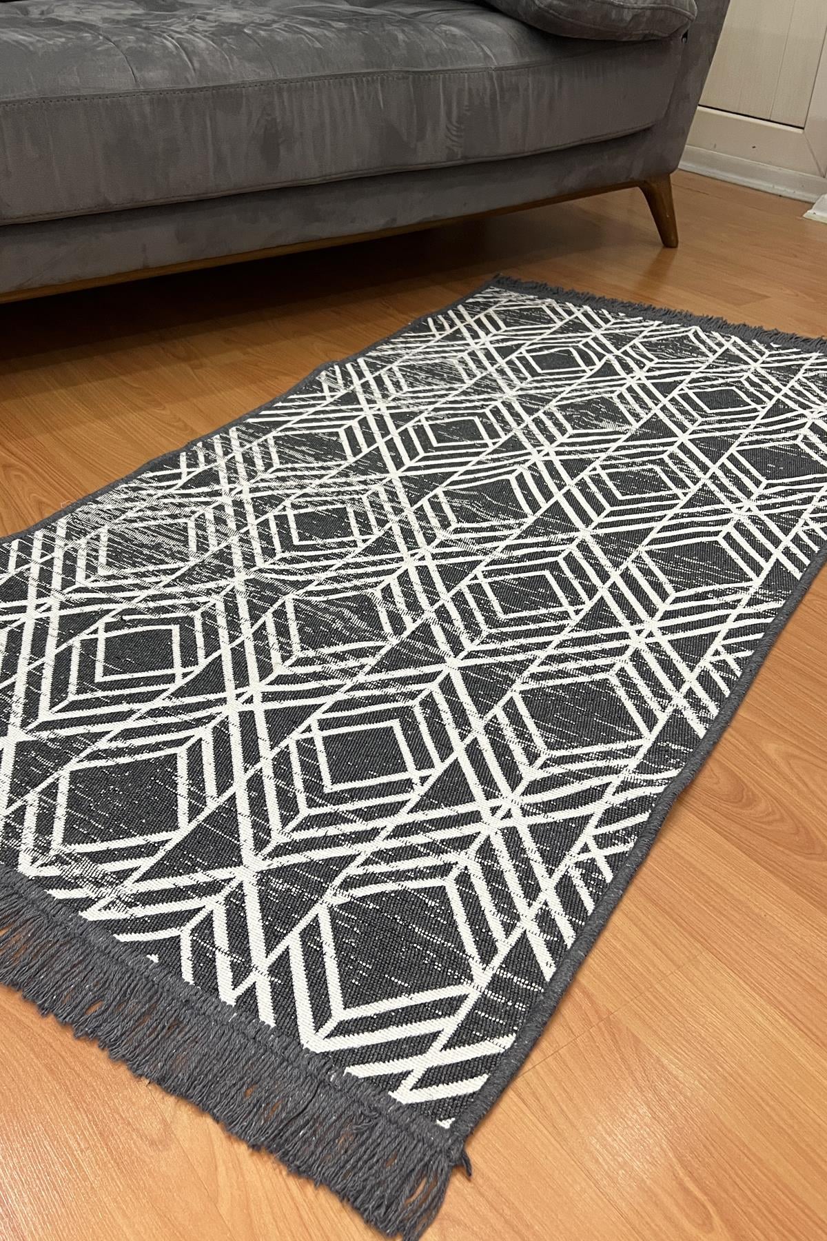 Çift taraflı saçaklı dekoratif yıkanabilir dokuma kilim geometrik