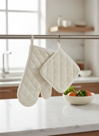 Isıya Dayanıklı Fırın Eldiveni Seti (2'li) – Elyaf Dolgulu Eldiven + Tutaç – Kaymaz, Kalın Mutfak Eldiveni