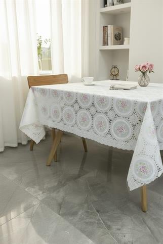 Pvc Şeffaf kaplamalı silinebilir muşamba masa örtüsü yuvarlak çiçek