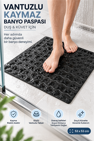 Vantuzlu Kaymaz Banyo ve Duş Paspası Siyah 53x53 cm
