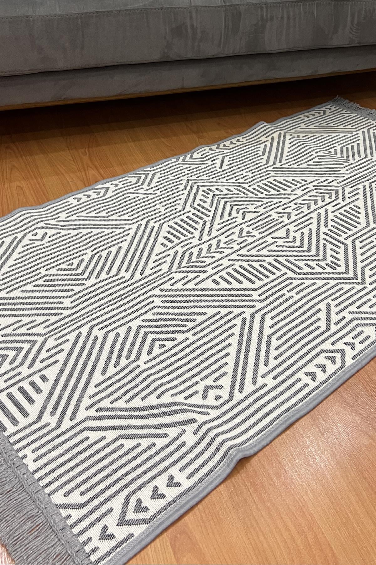 Çift taraflı saçaklı dekoratif yıkanabilir dokuma kilim çizgi