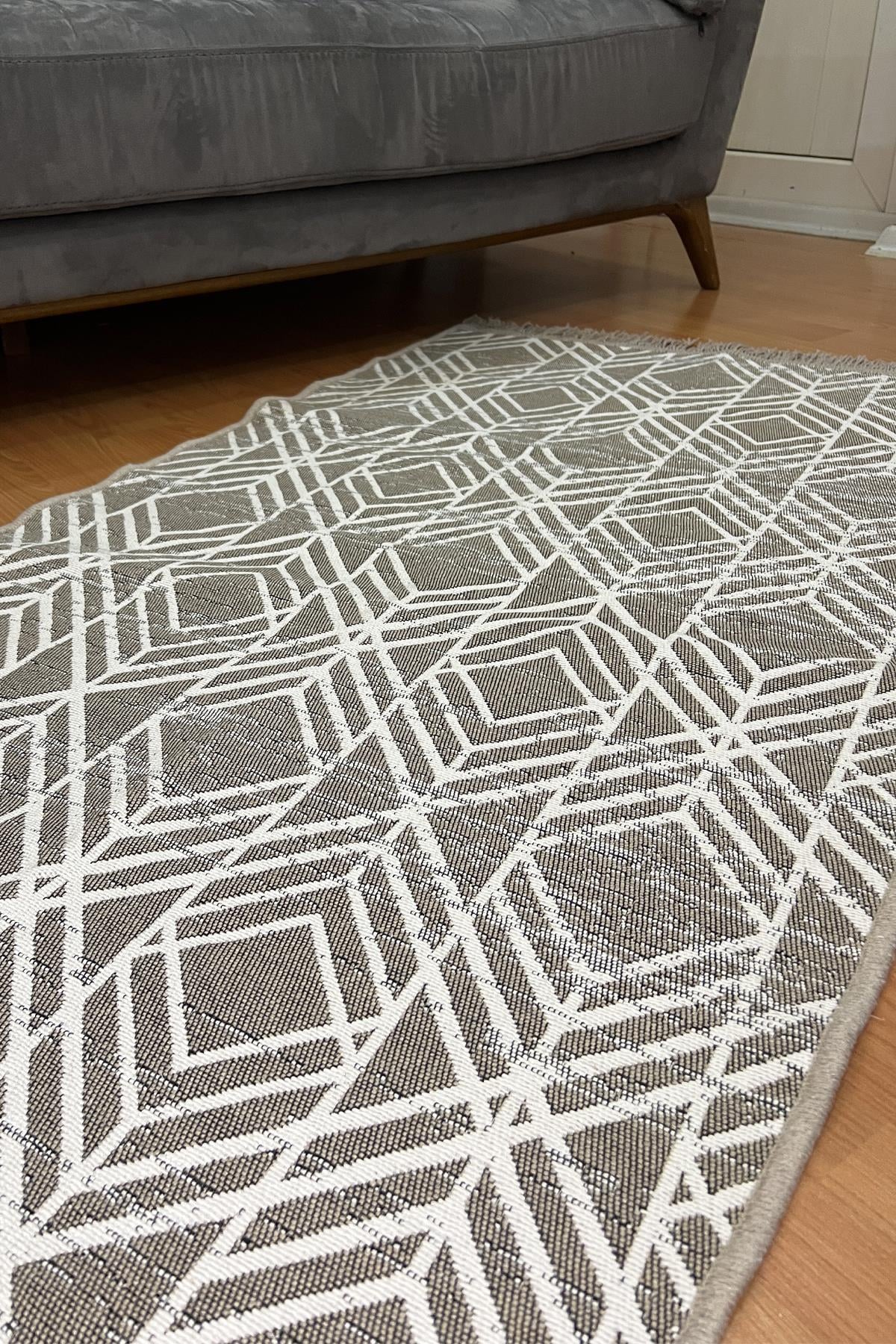 Çift taraflı saçaklı dekoratif yıkanabilir dokuma kilim geometrik