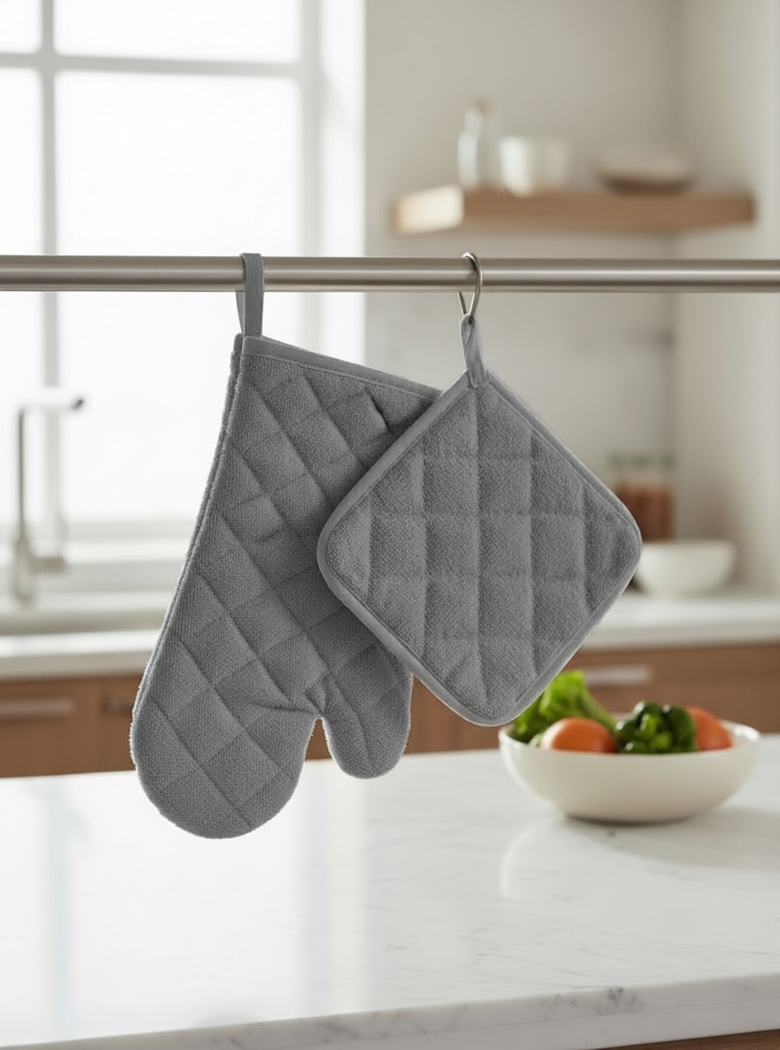 Isıya Dayanıklı Fırın Eldiveni Seti (2'li) – Elyaf Dolgulu Eldiven + Tutaç – Kaymaz, Kalın Mutfak Eldiveni