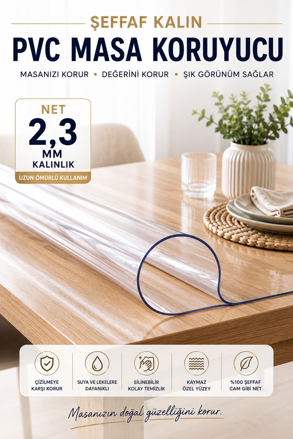 Net 2,3 mm Şeffaf PVC Masa Koruyucu – Kalın Mika Masa Örtüsü | Tüm Ebatlar