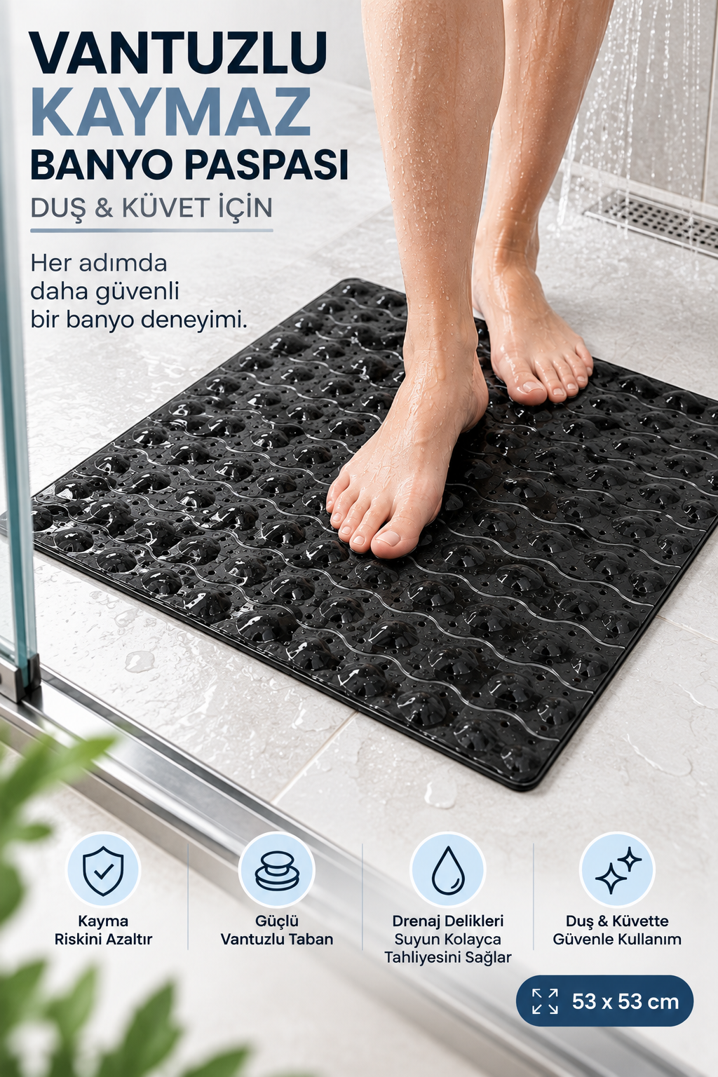 Vantuzlu Kaymaz Banyo ve Duş Paspası Siyah 53x53 cm