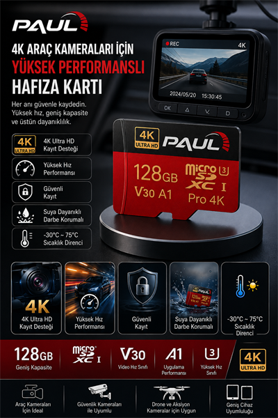 PAUL 128GB Micro SD Hafıza Kartı 4K Ultra HD | V30 A1 U3 Yüksek Hızlı MicroSDXC