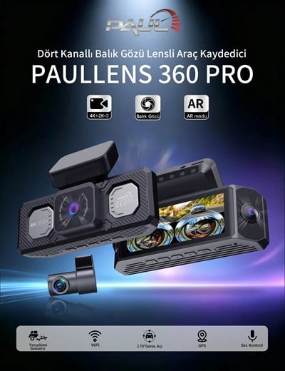 PAUL LENS 360Pro 4K Yapay Zekalı 4 Göz Araç Kamerası, Ön Arka Plaka Okuma Sağ Sol Balık Gözü Geniş Açılı, GPS Harita, ADAS, 5G Wi-Fi, Hız Göstergeli