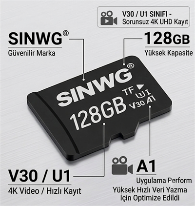 SINWG 128 GB MicroSD Hafıza Kartı 4K Araç Kameraları İçin Uyumlu