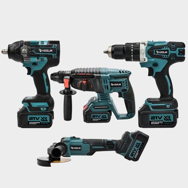 ASSUR Profesyonel 4'Lü Set Şarjlı Delici Kırıcı Hilti 2-26+125mm Taşlama+450Nm Somun Sökme+13mm Darbeli Matkap Mavi
