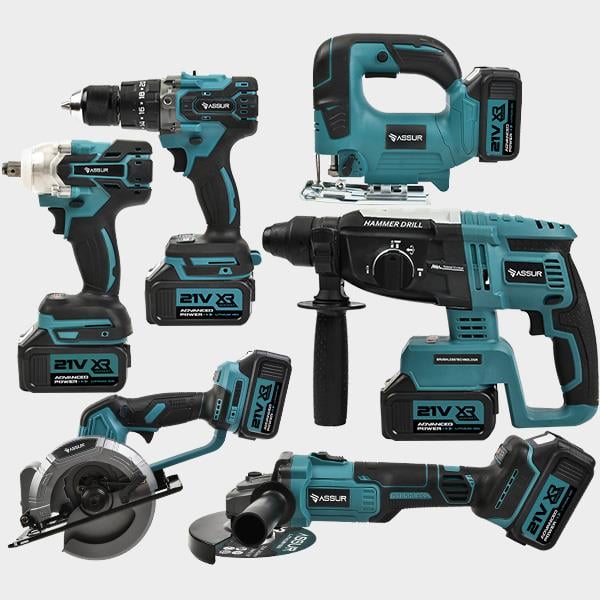 ASSUR 6'lı Set Şarjlı Darbeli Matkap Hilti Taşlama Somun Sıkma Dekupaj Testere Daire Testere Mavi